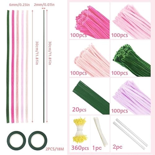 AKINSTER 500 Stück Pfeifenputzer zum Basteln Pfeifenreiniger Blumen Set Pipe Cleaner Flower Set Pfeifenreiniger Rosa mit Blumen Staubblatt Bänder Klebeband Geschenkbox für Basteln & DIY (Rosa) thumbnail 2
