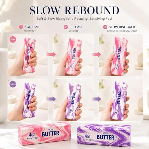 2 Pack Butter Squishy Toys, Slow Rising Squeeze Toys for Stress Relief | 2-Pack Pink & Purple Butter Squishies, Slow-Rising Squeeze Toys for Desk, Office, Study Breaks, Travel & Home thumbnail 4