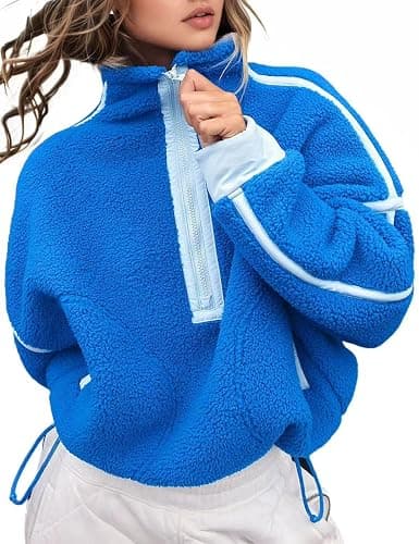 Kumufenc Women's Fleece Sweatshirts Half Zip Pullover Long Sleeve Oversized Workout Crop Tops Hoodie With Pocket - Image 1