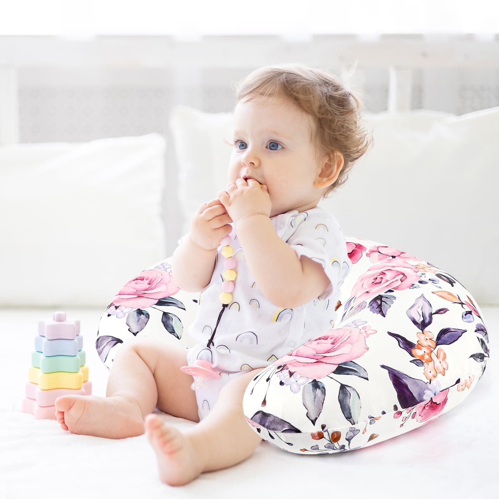 Nursing Pillow Cover Breastfeeding Pillow Slipcover for Moms Soft Breathable Organic Knit Fabric Newborn Infant Feeding Pillow Covers for Baby Girl Boy, Stylish Floral, Pink thumbnail 8