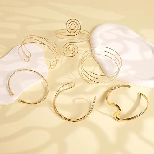 SOMEITIA 6Pcs Arm Cuff Gold Upper Arm Cuff Bracelet for Women Adjustable Open Cuff Bangle Minimalist Coil Swirl Armlet Armband Jewelry Set thumbnail 2