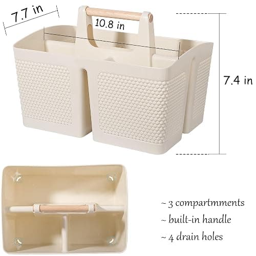 rejomiik Portable Shower Caddy Basket Plastic Cleaning Caddy Organizer Storage Tote with Handle for Bathroom, College, Dorm Room Essentials, Cream thumbnail 3