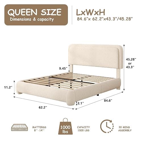 GLOLLOSPARK Queen Size Boucle Bed Frame, Upholstered Platform Bed with Height Adjustable Headboard & Soft Rounded Corners, Noise Free, Easy Assembly, No Box Spring Needed, Beige thumbnail 2