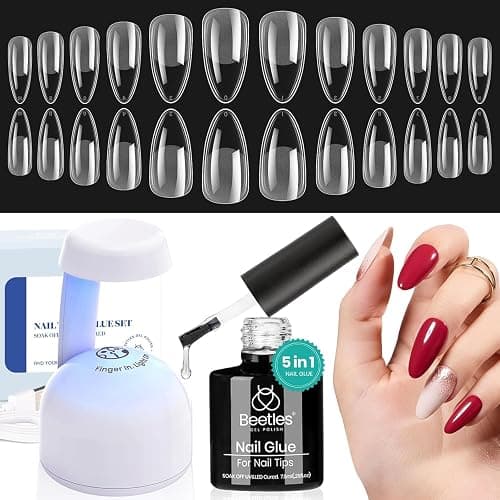 Beetles Gel Nail Kit Etch-X, Almond Medium, 500pcs 12 Sizes, with 9 in 1 Glue Mini Nail Lamp, Pre-Etched Half Matte Easy Extension Set for Home DIY Salon Manicure Art - Image 1