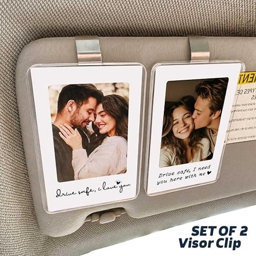 Valentine’s Day Gift for Him Her, 2 Pack Personalized Car Visor Photo Clip, Custom Couple Picture Holder, 2 Acrylic Frames + 5 Mats, No Adhesive Snap-Lock Clip, Heat-Resistant Car Keepsake (Couple) thumbnail 4