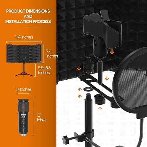 SwaykTech Studio Recording Microphone Isolation Shield with Pop Filter and Metal Tripod Stand, Studio Mic to PC Laptop Smartphone, Music Microphone for Recording Singing Podcasting - SWK5 thumbnail 5