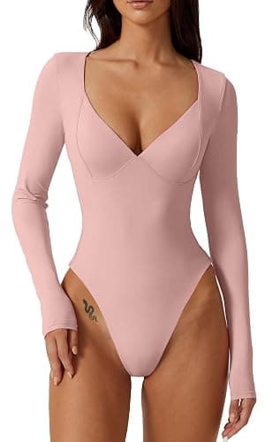 QINSEN Women's Long Sleeve Bodysuit V Neck Body Suits Seamed Cup Going Out Tops Shirt - Image 1