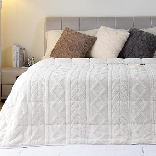Cottonblue Jacquard Weighted Blanket 15lbs for Adults Queen Size, Ultra Soft Cozy Comfort Sherpa Blanket for Relax and Sleep, Heavy Bed Blankets with Cemaric Beads, 60x80 Inches, Cream White thumbnail 8