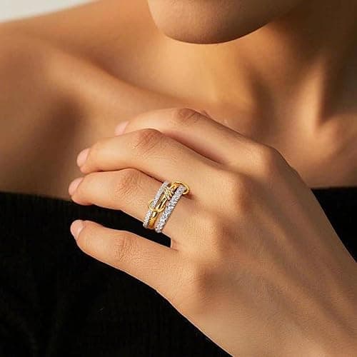 AIPULIDUO Gold Stackable Rings for Women Non Tarnish, 18K Gold Plated CZ Cubic Zirconia Rings, Golden Rings Set, Multi-Link Connected Rings thumbnail 3