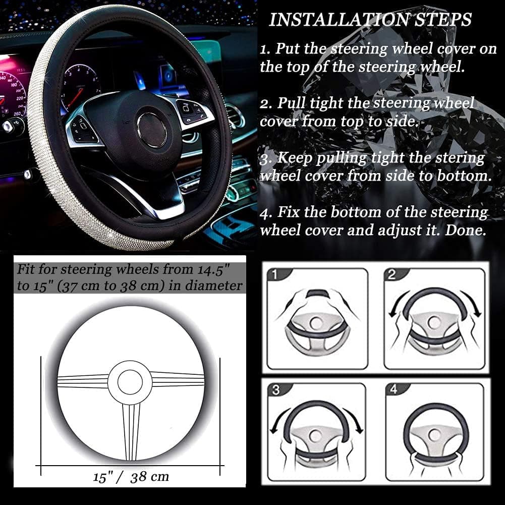 New Diamond Leather Steering Wheel Cover with Bling Bling Crystal Rhinestones, Universal Fit 38 CM Car Wheel Protector for Women Girls thumbnail 6