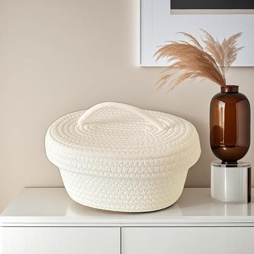 AUNMAS Oval Cotton Rope Storage Basket with Lid, Lidded Woven Storage Container Multifunctional Desktop Storage Box for Makeup Sundries Snack Needles (Milky White) thumbnail 9