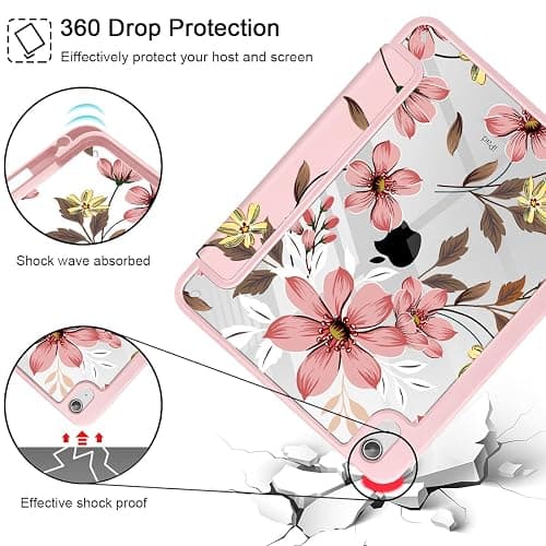Mektron Case for iPad Air 11 inch (M3 2025 7th /M2 2024 6th), Compatible with iPad Air 10.9" (2022 5th Gen /2020 4th Gen), Buit in Pencil Holder with Shockproof Clear Shell, Floral C293 thumbnail 6