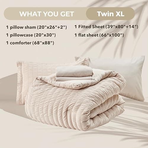 HYMOKEGE Beige Twin XL Comforter Set Seersucker 5 Pieces, All Season Luxury Bed in a Bag for Bedroom, Bedding Set with Comforter, Sheets, Pillowcase & Sham thumbnail 5