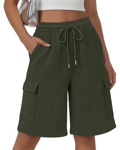 JoyMotion Women's Waffle Cargo Bermuda Shorts | Knee Length Sweatshorts, Wide Leg Shorts, with Elastic Waist Pocket, Casual Summer Clothes, Workout Lounge, Breathable Fabric - Image 1