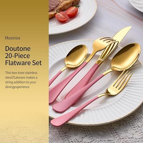 Moxinox 20-Piece Gold Silverware Set, 18/0 Stainless Steel Pink Handle Flatware Set, Service for 4, Modern Cutlery Set Includes Dinner Knives Forks Spoons, Mirror Polished, Dishwasher Safe thumbnail 5