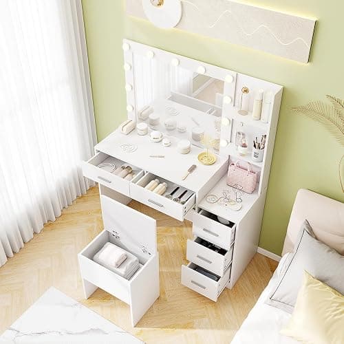 CHARMAID Vanity Stool with Hidden Storage, Cushioned Vanity Bench, Backless Makeup Stool with Soft Seat, Small Storage Footrest for Bedroom, Closet, Entryway, White thumbnail 5