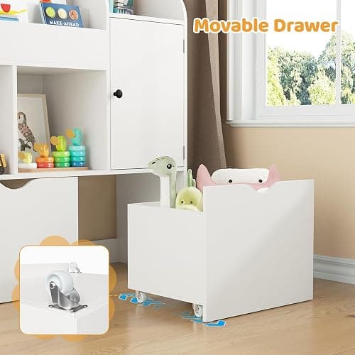 Vabches 47.3'' Kids Bookshelf with Chalkboard, Toy Storage Organizer, 3 Movable Drawers, Boys and Girls Toy Shelf, 4-Tier Children Bookcase for Playroom, Nursery, Bedroom,Living Room (White) thumbnail 6