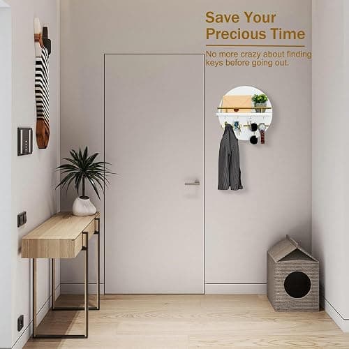 Key Holder for Wall Decorative with Shelf and Hooks, Mail Organizer Wall Mount with Sunglasses Holder, Circular Design Entryway Key Rack Hanger, Rustic Home Decor Boho Wall Decor (White) thumbnail 6