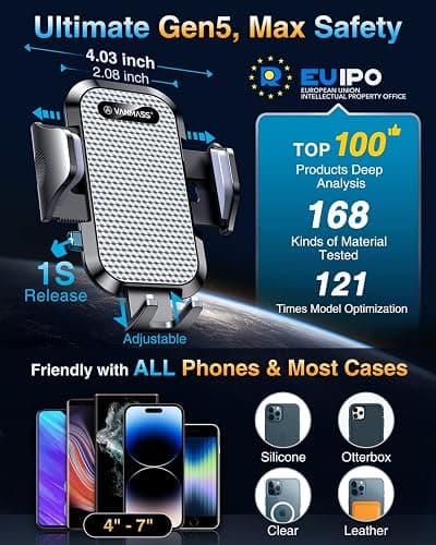 VANMASS [True Military-Grade] Car Phone Holder [Best Suction & Clip] Cell Phone Mount for Dashboard Windshield Vent Truck Cradle Dash Stand for iPhone 15 Pro Max 14 13 12 Android, White thumbnail 5