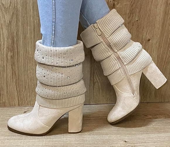 Pogolino Damen Stiefeletten Absatz elegant Glitzer Schnalle Stiefel Herbst Winter High Heels - 38 EU - 569 Beige thumbnail 2