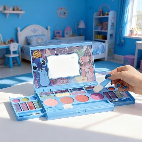 Stitch All-in-One Kids Cosmetic Compact Set Includes Washable Lip Gloss, Eye Shimmer, Cheek Shimmer, Brushes Colorful Portable Beauty Set for Girls, Tweens, by Townley Girl thumbnail 8