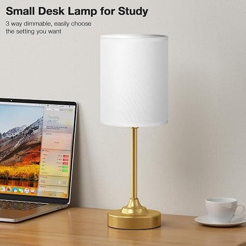Fenmzee Gold Nightstand Bedroom Lamp - 3 Way Dimmable Bedside Lamp, Small Table Lamp Linen Lampshade for Office Desk, LED Bulb Included thumbnail 3
