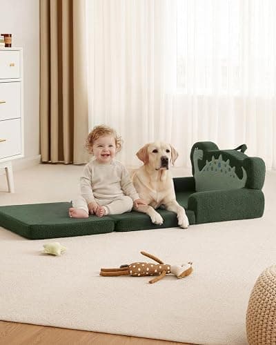 Blissful Diary Kids Couch, 2-in-1 Soft Toddler Couch Fold Out, Toddler Chair Comfy, Convertible Sofa to Lounger, Kids Furniture for Playroom, Gift for Birthday, Children's Day, Green Dinosaur thumbnail 5