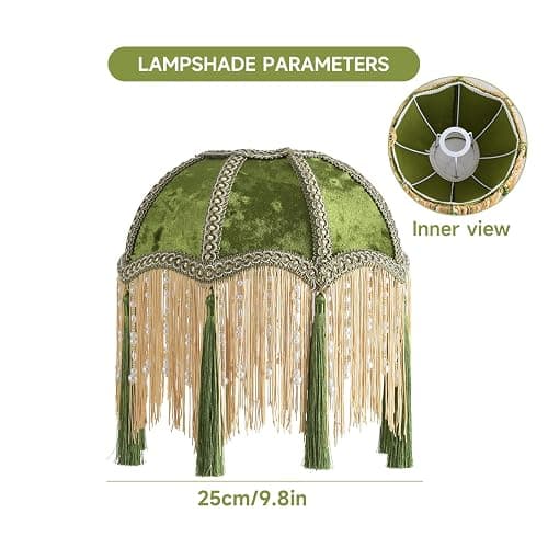 xiaojuande-Lampshade with tassels, Premium Classic Victorian, Style Bell Shape Scallop velvet top replacement lamp,9.8“Width 11.3”height(olive green) thumbnail 7