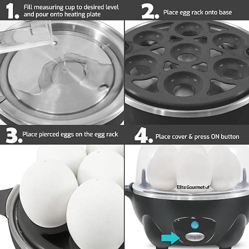 Elite Gourmet EGC710DKG Rapid Egg Cooker, 7 Easy-To-Peel, Hard, Medium, Soft Boiled Eggs, Poacher, Omelet Maker, Auto Shut-Off, Alarm, 16-Recipe Booklet, BPA-Free, Ash thumbnail 8