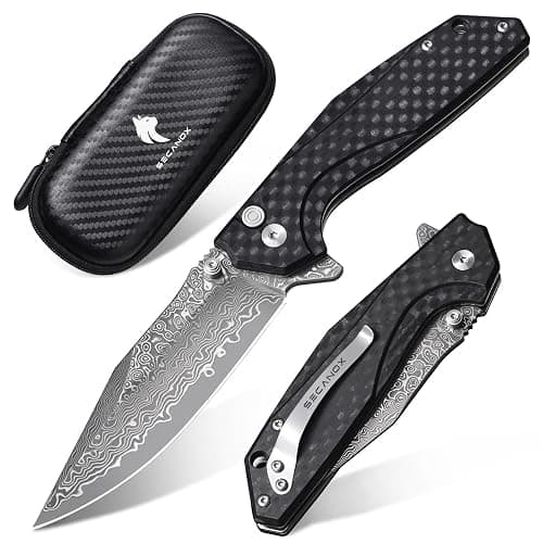 SECANOX Damascus Pocket Knife, 3.35" Sharp Damascus Steel Blade Folding Knives with G10 Handle, EDC Knifes for Men Camping Hiking - Image 1