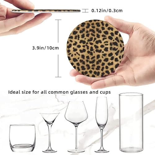 Leopard Animal Print Printed Coasters Set of 6, Pu Leather Round Coasters with Holder, Drinking Coasters Coffee Cup Mat for Bar Kitchen Home thumbnail 8