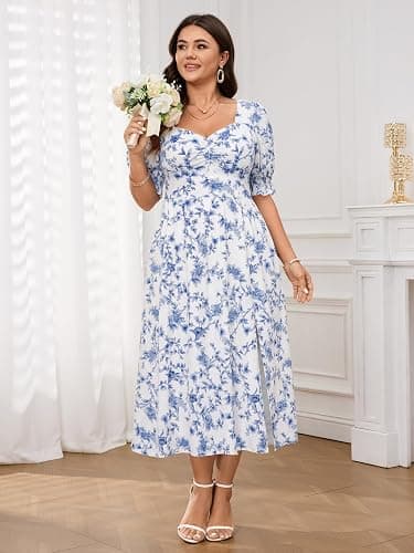 SCOMCHIC Plus Size Summer Dresses for Women Boho Floral Puff Sleeve Sweetheart Neck Ruched Bust Flowy A-Line Sun Midi Dress thumbnail 2