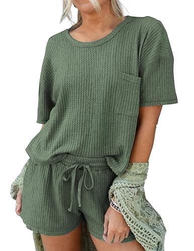 Andeip Pajamas Womens Waffle Knit Lounge Set Short Sleeve Top and Shorts 2 Piece Loungewear Outfits Pj Sets with Pockets - Image 1