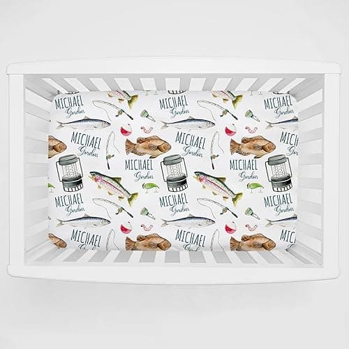 Munific Personalized Pack and Play Sheets with Name, Custom Fishing Baby Mini Crib Sheets for Baby Boys Girls, Name Pack n Play, Fitted Sheet with Name, Soft and Breathable Material, 39x27x5 Inch