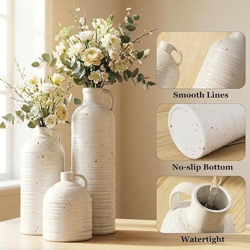 Firehold Ceramic Vase Set of 3, Rustic Home Decor Vases for Modern Farmhouse, White Boho Flower Vases for Shelf, Mantel, Table Decor, Small Decorative Vase for Dried Flowers & Pampas Grass thumbnail 8