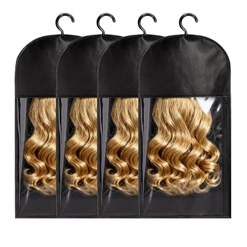 4 Pack Wig Storage Bags with Hanger, 24 Inch, Black | Dust-proof non-woven bags, clear window, wig-safe hanger, closet or travel storage - Image 1