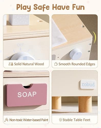 ROBUD Wooden Toy Washing Machine Play Kitchen Set, Seasalt Blue Multi-Functionl Play Washing Machine with Toy Accessories for Nursery, Playroom, Birthday Gift to Kids Age 3+, WCF69 thumbnail 6