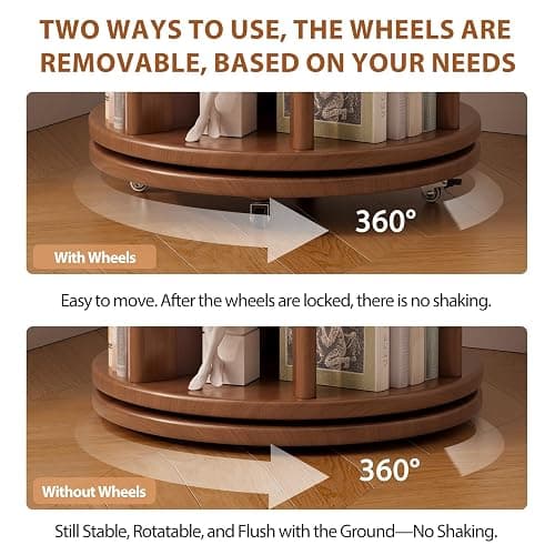 Muwuele 6 Tier Rotating Bookshelf Tower, Solid Wood Bookshelf on Wheels, Circular Book Shelf Rotating, Revolving Bookcase for Small Spaces, Corner Book Case, Spinning Book Shelf for Bedroom, Walnut thumbnail 4