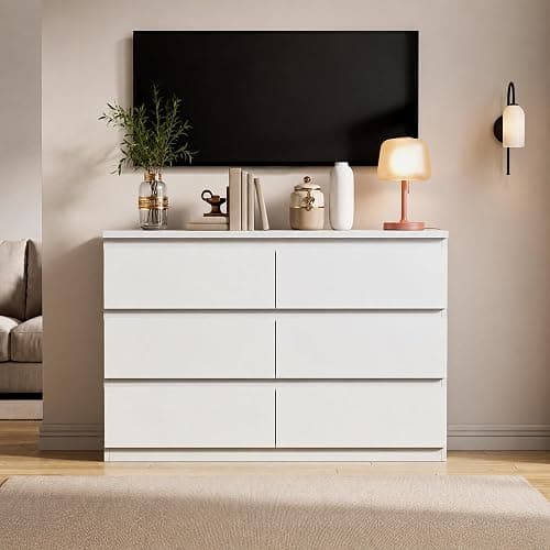 Orgobysol 6 Drawer Double Dresser for Bedroom, Modern Simply Chest of Drawers, Wood Storage Dresser with Anti-Tipping for Living Room Hallway Entryway, Nursy White (15.3" D x 47.2" W x 32.3" H) thumbnail 7