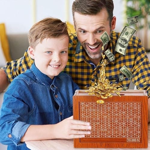 2025 New Cash Vault Wooden Savings Box, 10000 Savings Challenge Box, Wooden Cash Saver Money Box, Wooden Money Saving Challenge Box Cash Saving Box with Money Target and Numbers ($10000) thumbnail 2