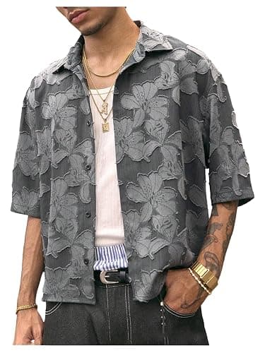 BEAUDRM Men's Floral Button Down Crop Shirt Half Sleeve Collared Cropped Top Streetwear 70s Hippie Shirts - Image 1