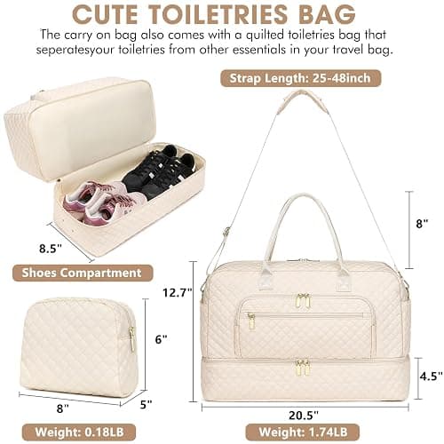 Weekender Overnight Bag Women: Large Travel Duffle Bag with Shoe Compartment & Wet Pocket Carry On Tote Bag Gym Duffel Bag with Toiletry Bag Bag for Hospital Beige thumbnail 2