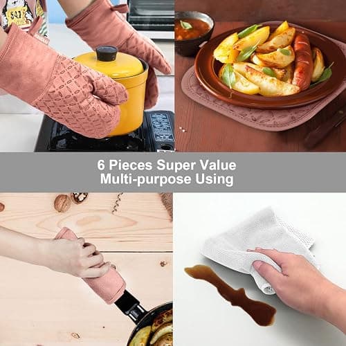 KEGOUU Oven Mitts and Pot Holders 6pcs Set, Kitchen Oven Glove High Heat Resistant 500 Degree Extra Long Oven Mitts and Potholder with Non-Slip Silicone Surface for Cooking (Pink) thumbnail 7