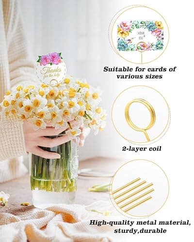 30Pcs Floral Card Holder Picks-Wire Place Card Holder for Wedding-Metal Photo Picture Clip Holder-Table Name Number Holder,Memo Note Holder for Flower Arrangement,Wedding,Baby Shower,Party,Decorations (Gold, Round) thumbnail 4