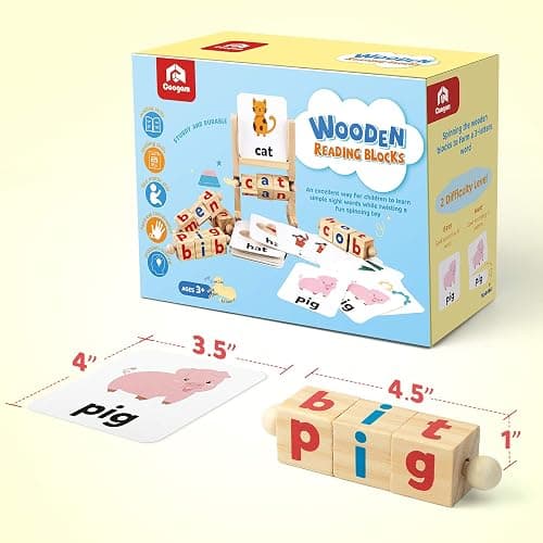 Coogam Wooden Reading Blocks Short Vowel Rods Spelling Games, Flash Cards Turning Rotating Letter Puzzle for Kids, Sight Words Montessori Spinning Alphabet Learning Toy for Preschool Boys Girls thumbnail 7