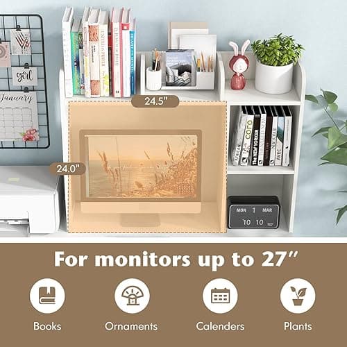 Tangkula Desktop Bookshelf, Countertop Storage Hutch with 5 Shelves for Computer Desk, Desktop 3-Tier Display Rack, Multipurpose Wood Desktop Hutch Storage Organizer for Dorm Office Home - White-5 Shelves thumbnail 7