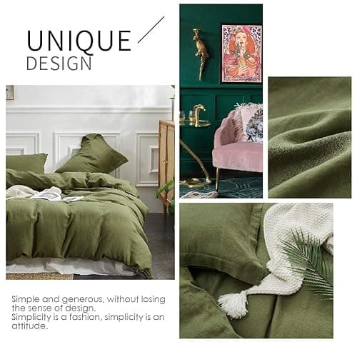 Simple&Opulence 100% Linen Duvet Cover Set 3pcs Basic Style Natural French Washed Flax Solid Color Soft Breathable Farmhouse Bedding with Button Closure - Olive Green, Queen - Queen - Olive Green thumbnail 5