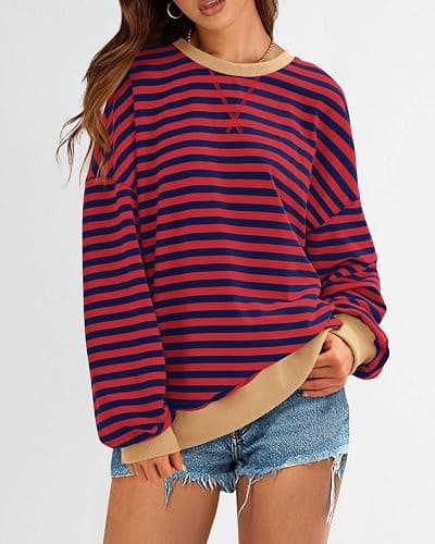 BTFBM Womens Oversized Striped Sweatshirt Crewneck Long Sleeve Pullover Top Casual Y2K Fall Clothes 2025 Workout Shirt thumbnail 4