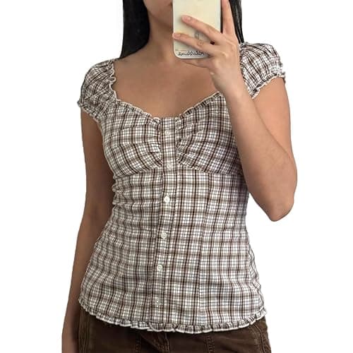 Women Button Down Ruffle Top Deep V Neck Smocked Cap Sleeved Coquette Frill Cute Shirt Slim Fit Casual Blouse - Image 1