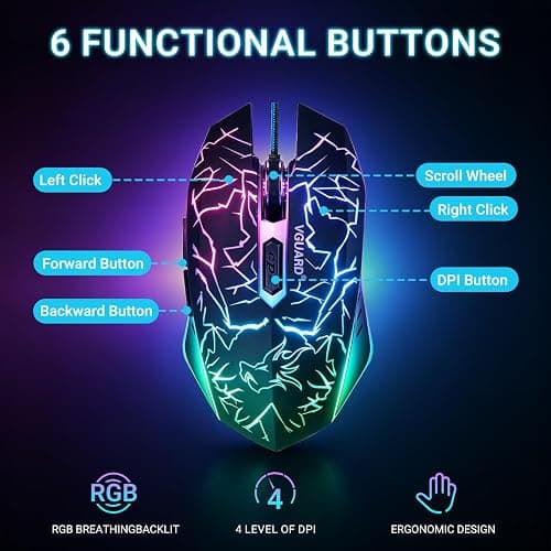 VGUARD Wired Gaming Mouse, 3600 DPI Optical Sensor, RGB Backlit Ergonomic USB PC Mice with 6 Programmable Buttons, 7 Colors LED, Professional Gamer Mouse for Laptop, Computer, Windows/Mac thumbnail 5